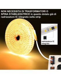 Striscia LED 220V IP65 Alta Luminosità, Senza Spina o Alimentatore, Illuminazione Diretta per Esterno, Facile da Installare