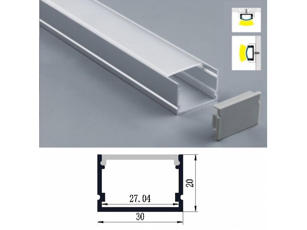 Profilo Alluminio largo 30 mm 2mt Strisce Strip LED Barra Rigida Copertura  Opaco