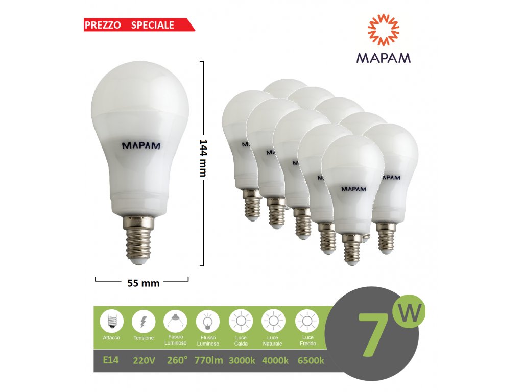 X10 lampadina led E14 bulbo A55 7w luce bianca naturale calda Mapam