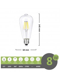 Lampadina led filamento vintage 8w attacco grande E27 trasparente luce bianco freddo calda lineare a basso consumo