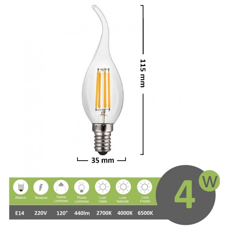 Lampadina led filamento fiamma 4w attacco piccolo E14 colpo di vento  candela trasparente luce bianca naturale