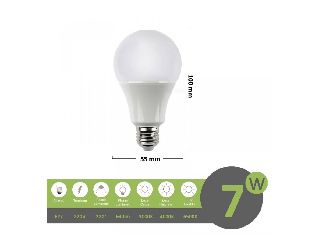 Lampadina led bulbo A55 E27 7W copertura opaca luce bianca naturale calda