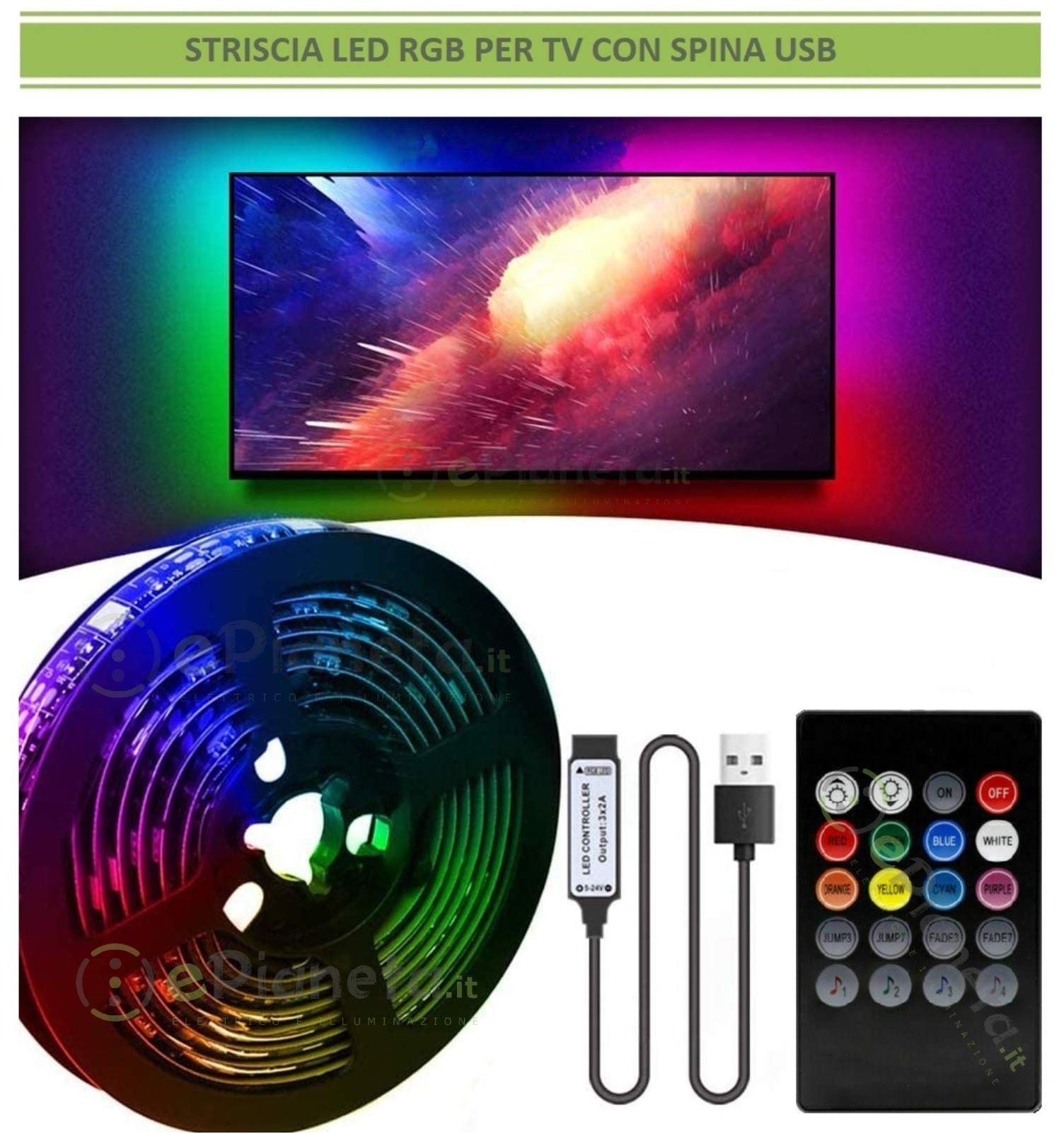 Strip striscia led luce RGB 3 5m per TV televisore retroilluminazione  multicolore musicale con telecomando con alimentatore USB