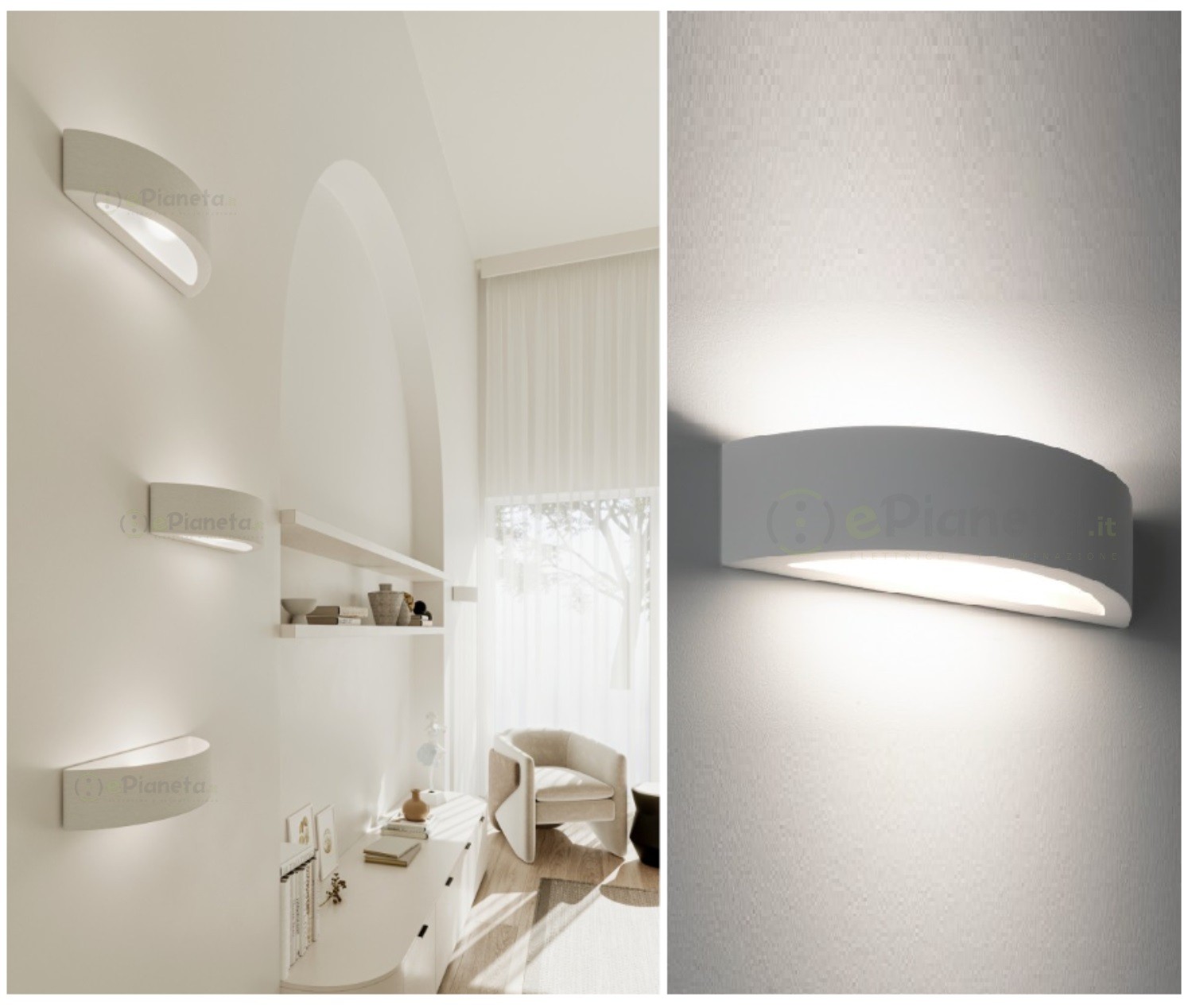 Applique da parete in gesso attacco R7S lampada mezzaluna semicircolare doppia  luce design moderno bianco verniciabile