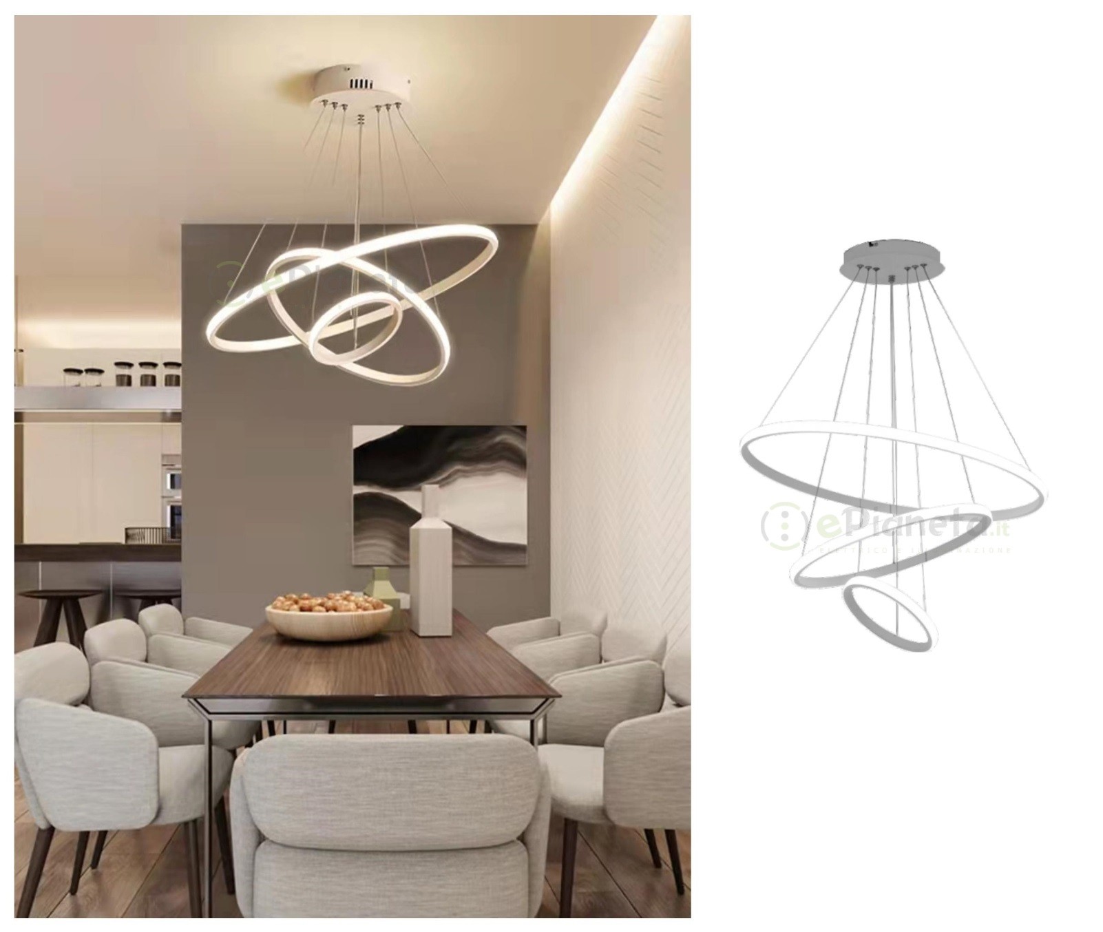 Lampadario sospeso led 100w 3 cerchi pendente cerchio rotondo con anelli  bianco design moderno per camera salotto