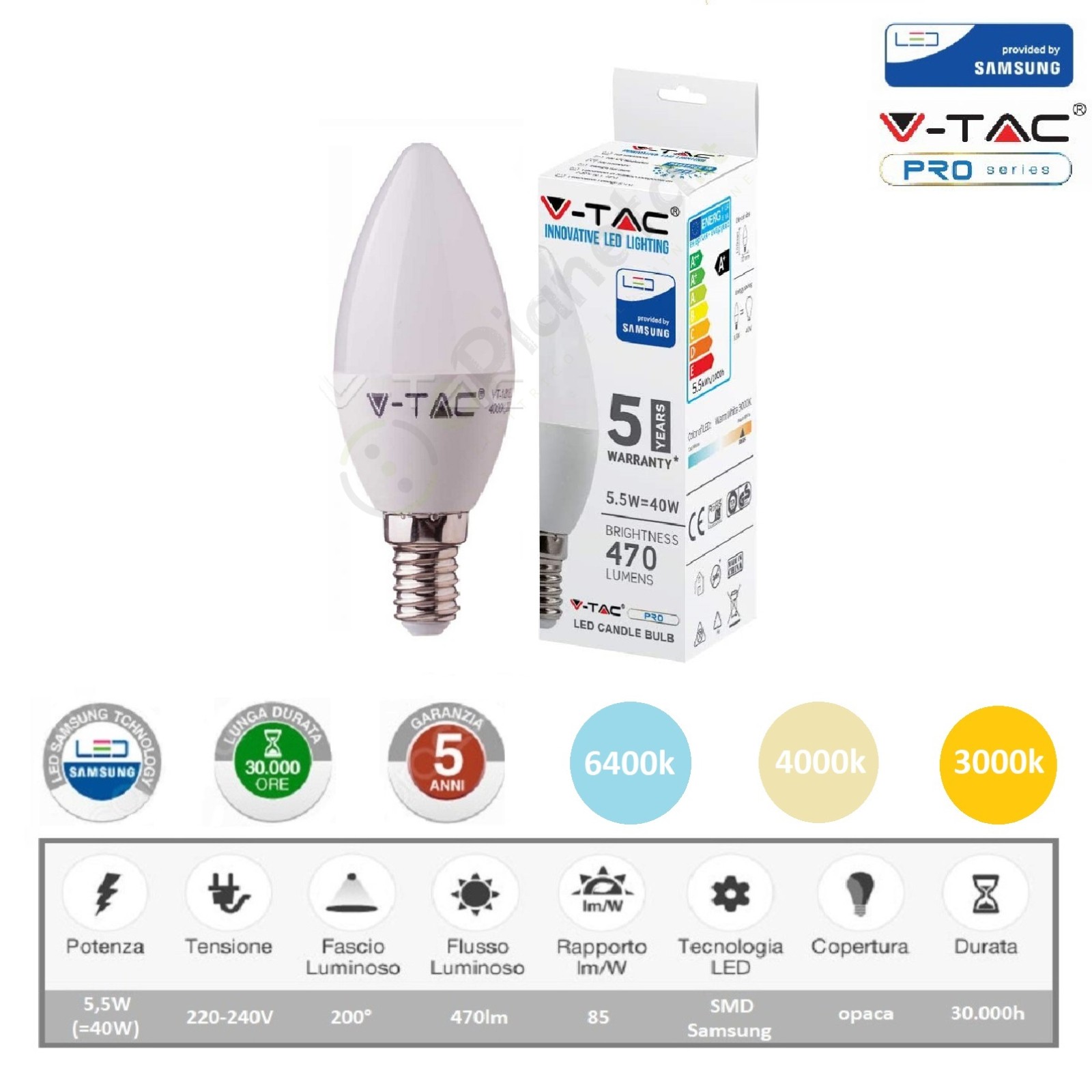 Lampadina LED E14 6 Watt Oliva (470 lumen)