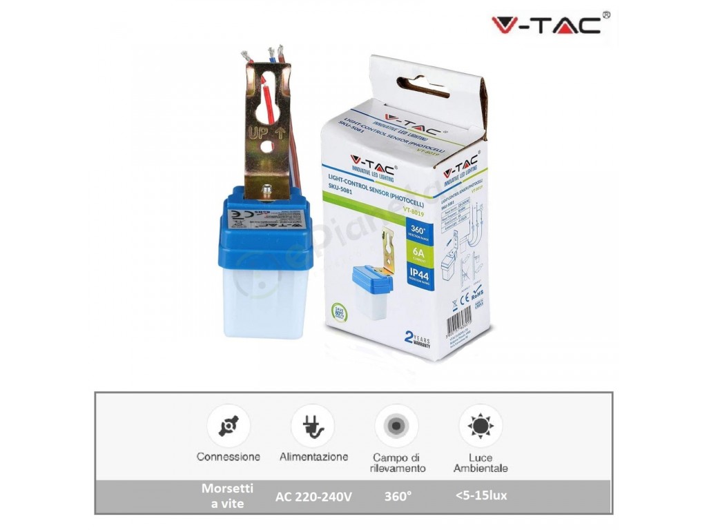 V-TAC Sensore fotocellulare crepuscolare per controllo lampadine  illuminazione impermeabile esterno