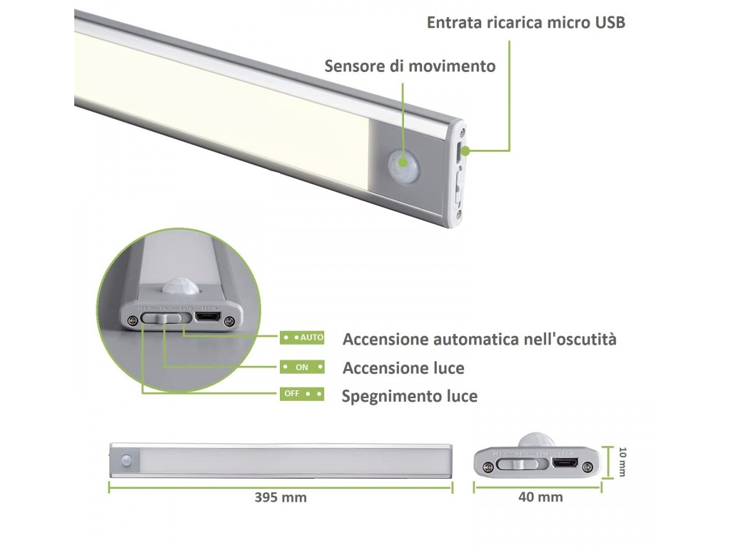 Lampada led 2w con sensore di movimento barra ricaricabile usb sottopensile  per armadio cucina luce bianca